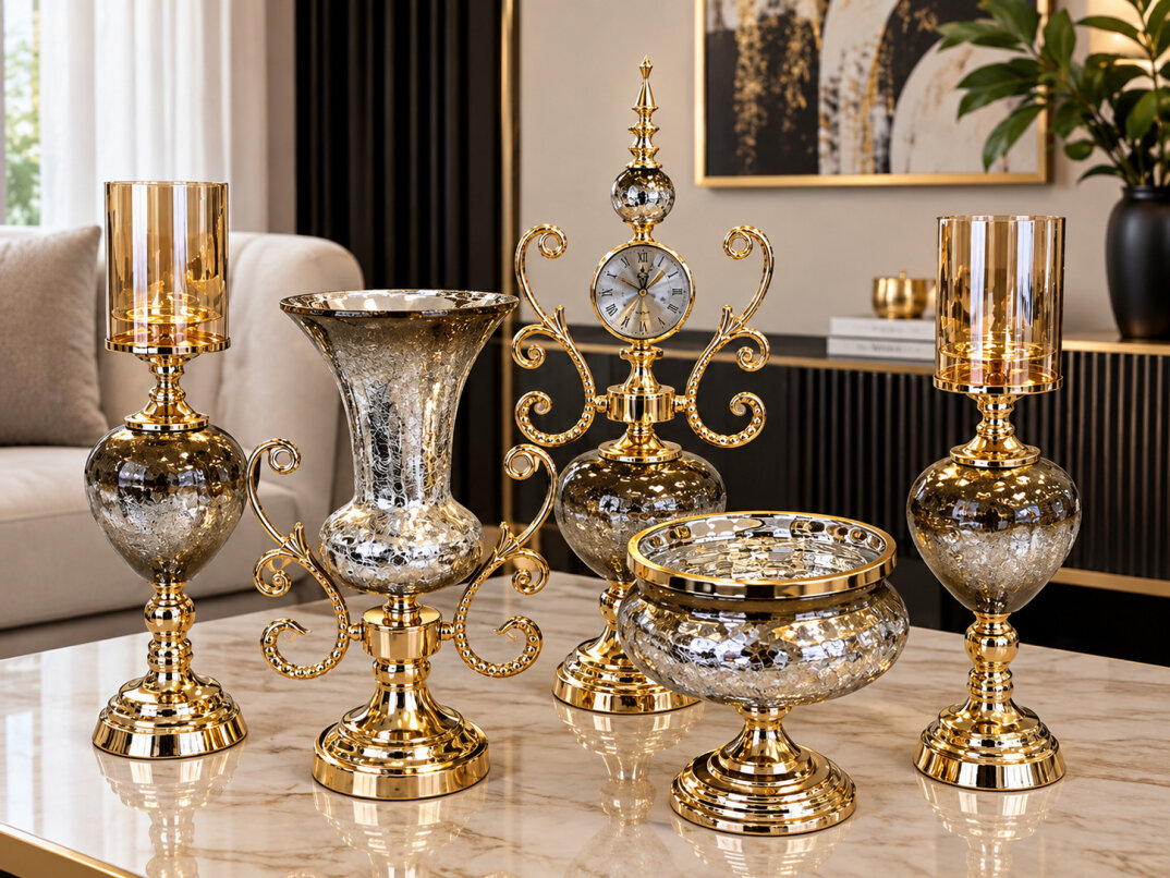 Aymet 5 Parça Gold Gümüş Dekoratif Salon Takımı – Şık Ev Dekorasyon Seti - 1