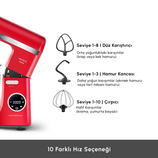 Karaca Mastermaid Chef Ultra D2000W Dijital Ekranlı Hamur Yoğurma Makinesi Imperial Red 7L - 4