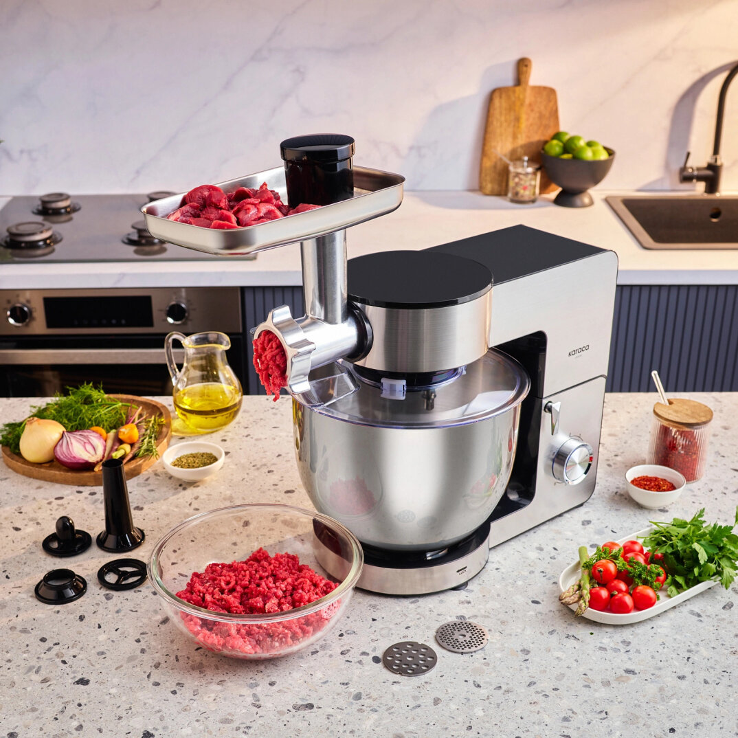 Karaca Multichef Ultra Inox Kıyma Çekme/Sucuk-Sosis/İçli Köfte Aparatlı Hamur Yoğurma Makinesi 2000W 8L - 1
